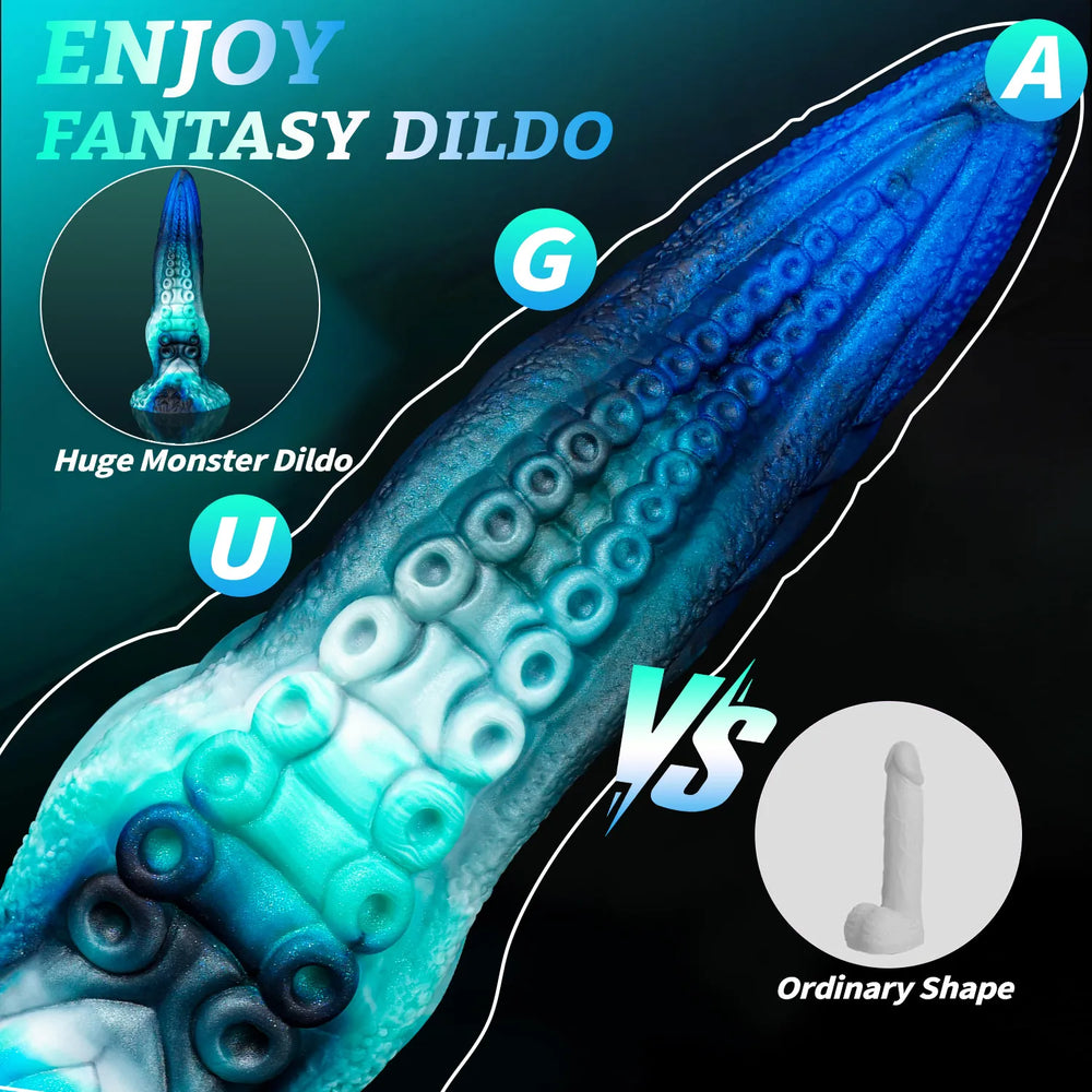 9 inch silicone tentacle dildo with octopus-inspired detailing and ocean blue gradient