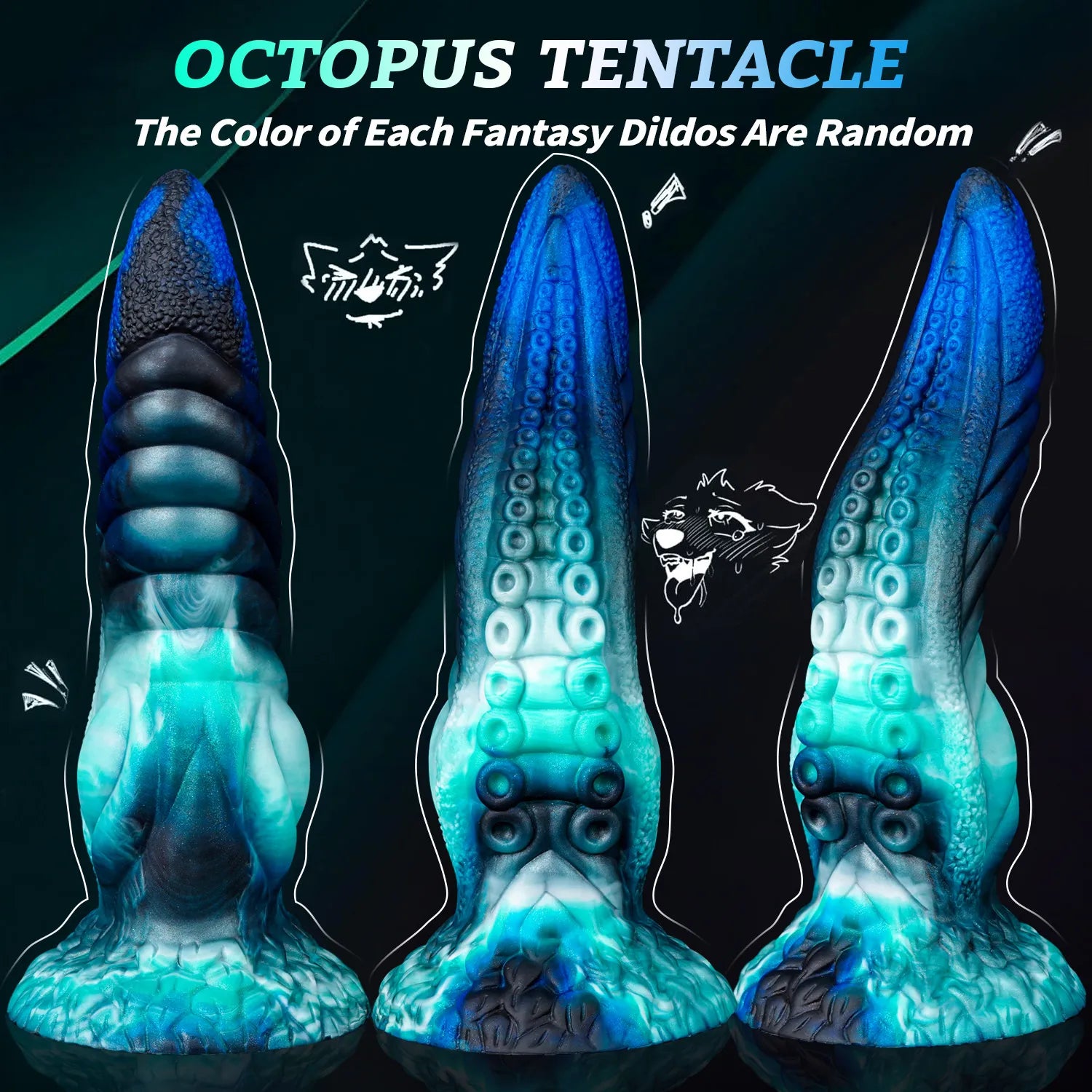 Blue and black octopus tentacle dildo displayed from two product angles