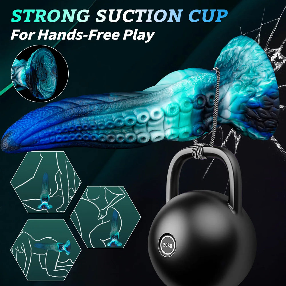 Silicone tentacle dildo with deep sea color blend and textured octopus design