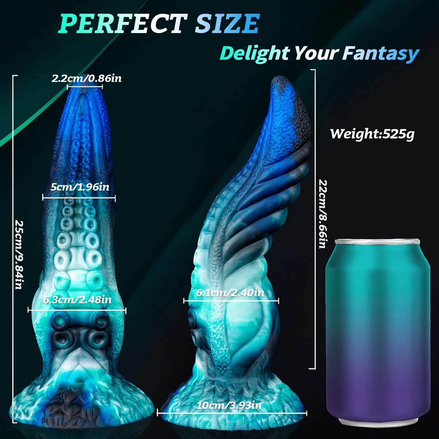 Two-view product image of a deep sea octopus tentacle dildo in blue gradient