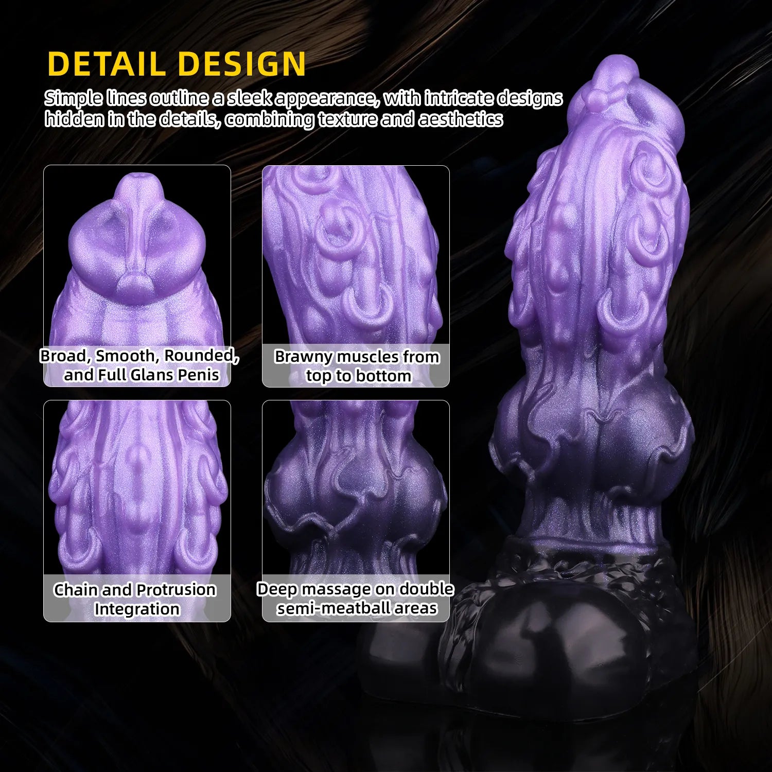 A studio portrait of a bi-color iridescent fantasy dragon toy with a ribbed stem and a solid black sculpt base