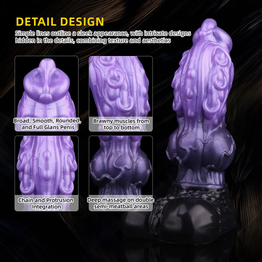 A studio portrait of a bi-color iridescent fantasy dragon toy with a ribbed stem and a solid black sculpt base