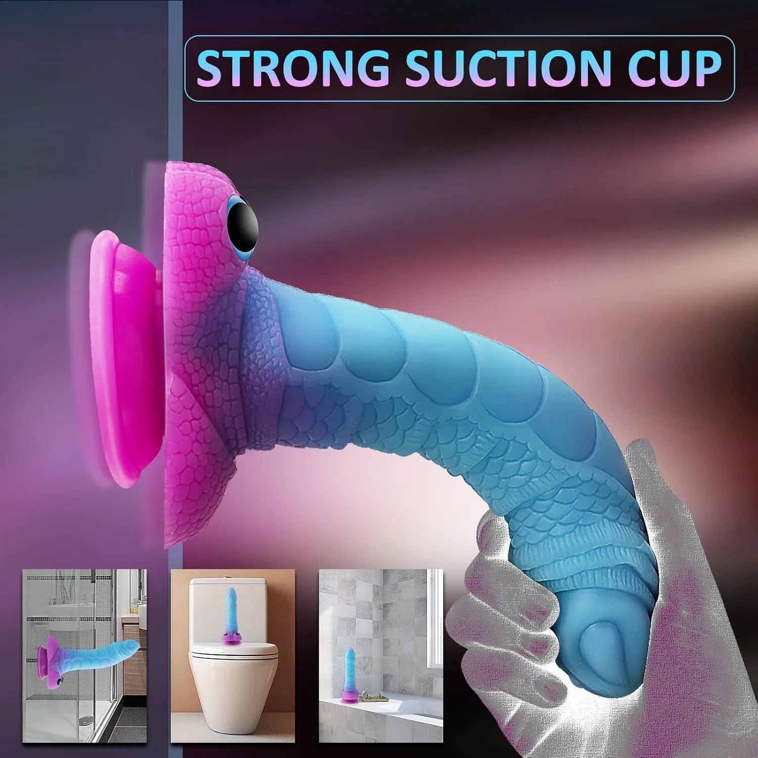 Close-up of a textured 9-inch silicone adult toy with an ergonomic base and realistic organic design details