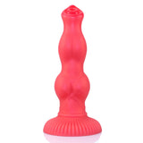 A 9-inch red silicone dog-inspired dildo featuring a gradual, multi-knot bulging texture and a secure, flared base
