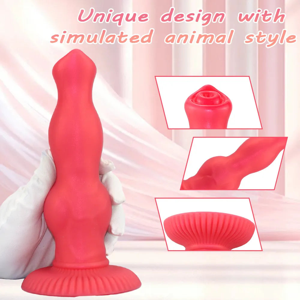 This 9-inch red silicone dildo showcases a progressive bulging knot design, crafted for varied sensation and comfortable use