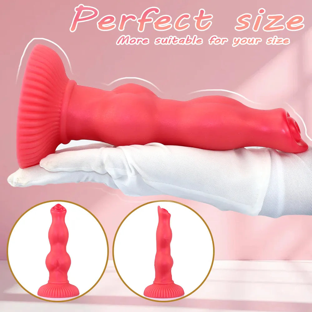 Side-profile shot of a 9-inch red dog-style dildo, emphasizing its elongated form, bulbous segments, and stable base