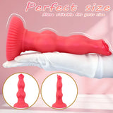 Side-profile shot of a 9-inch red dog-style dildo, emphasizing its elongated form, bulbous segments, and stable base