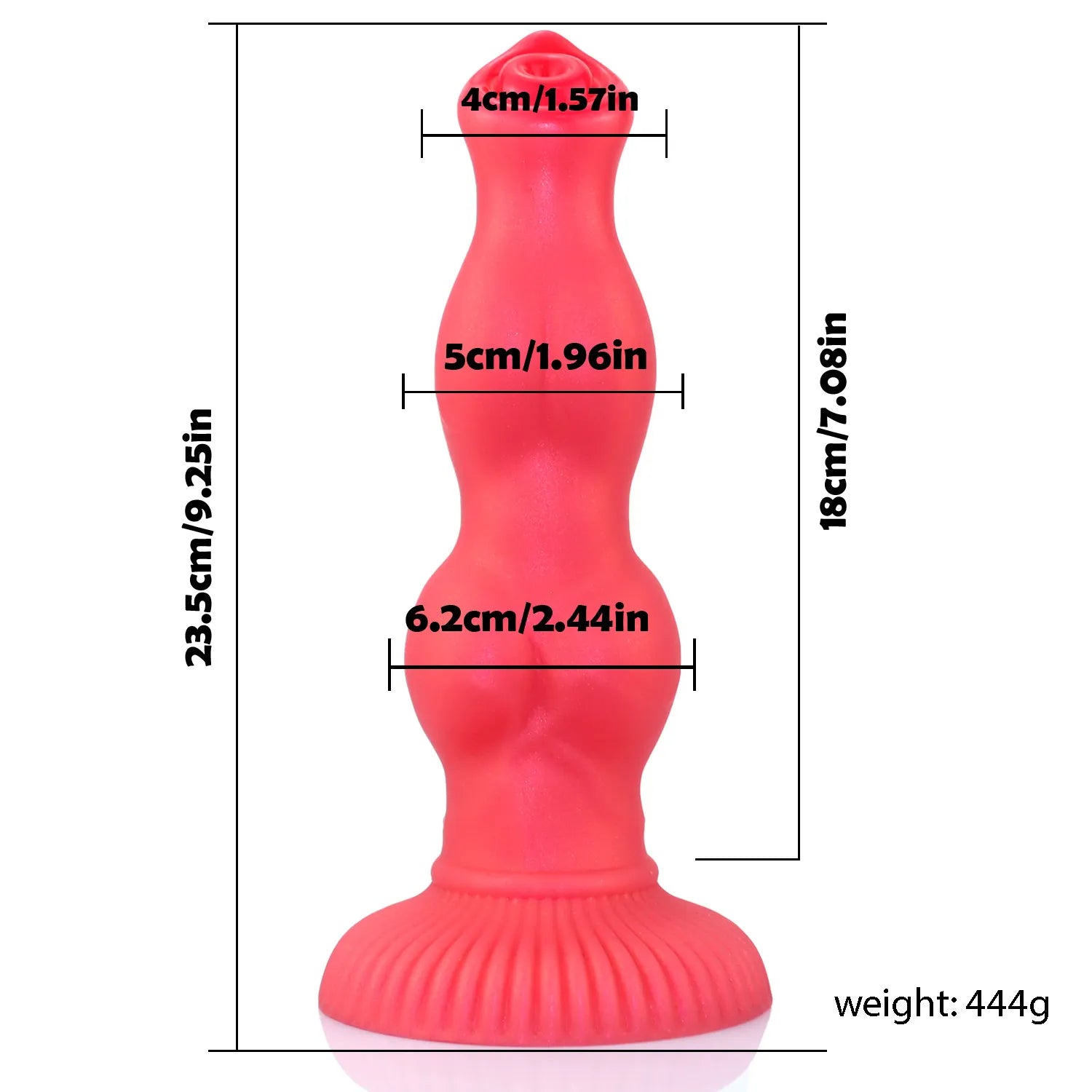This 9-inch red silicone dildo offers a unique dog-inspired silhouette with gradual knots, perfect for those seeking structured stimulation