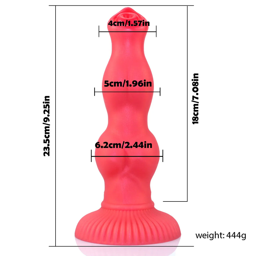 This 9-inch red silicone dildo offers a unique dog-inspired silhouette with gradual knots, perfect for those seeking structured stimulation