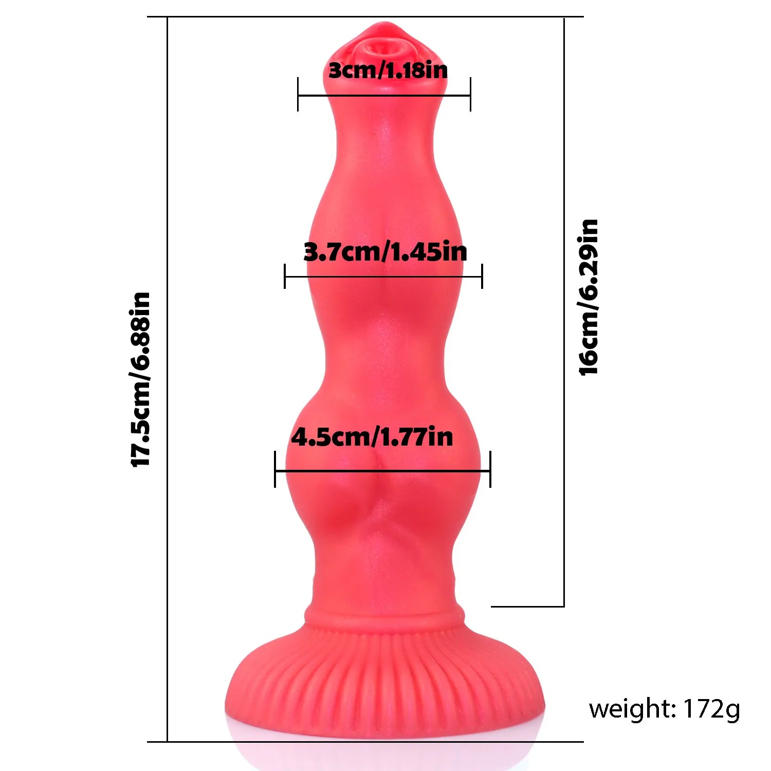 Professional-grade 9-inch red silicone dildo, characterized by its tapered design and balanced, knot-based surface details
