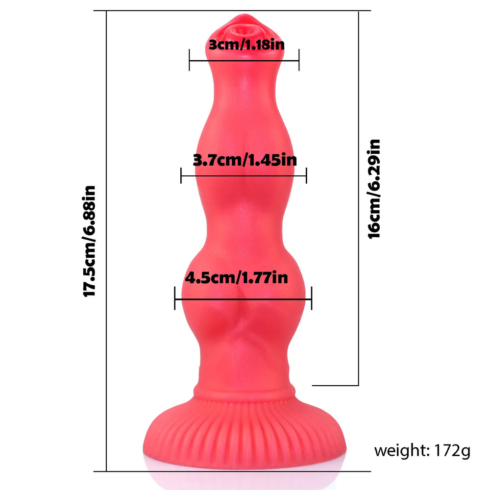 Professional-grade 9-inch red silicone dildo, characterized by its tapered design and balanced, knot-based surface details