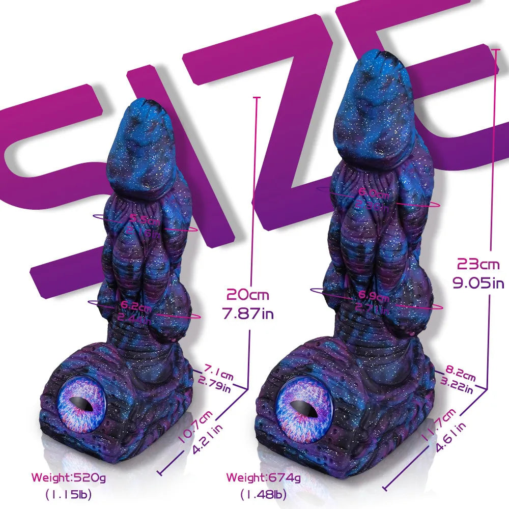 Fantasy-inspired 9-inch silicone dildo in deep blue and purple nebula colors