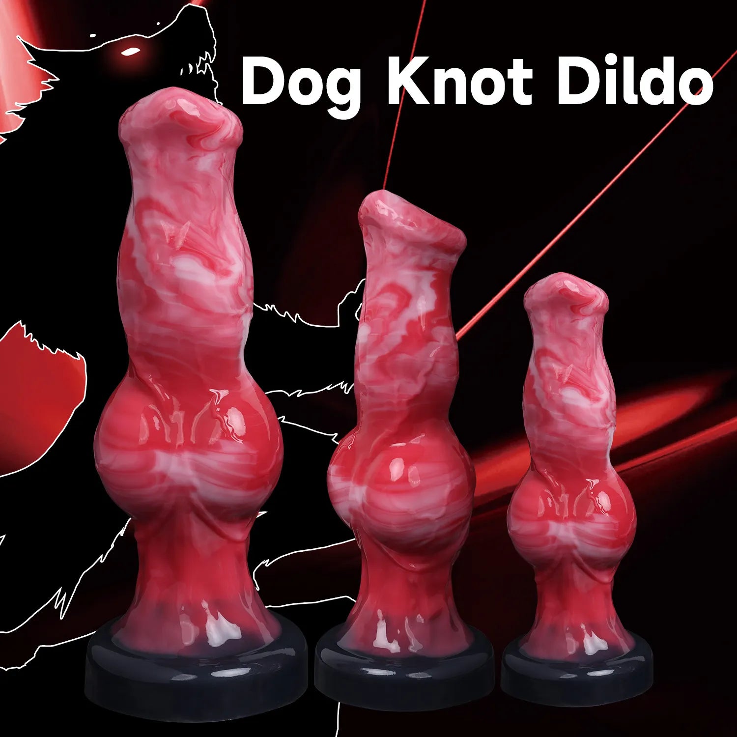 Group display of three marble-patterned silicone pleasure products, each showcasing a realistic knot design and a stable black base