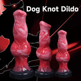 Group display of three marble-patterned silicone pleasure products, each showcasing a realistic knot design and a stable black base