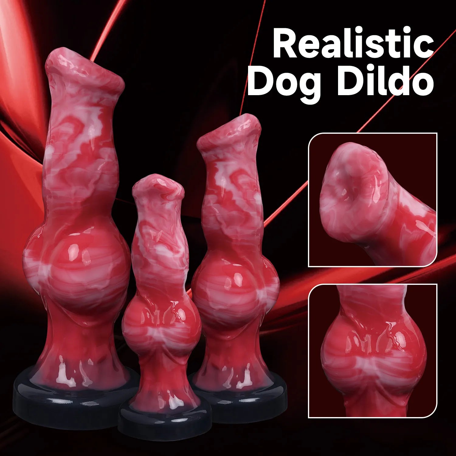 Three different sizes of red-and-white marbled silicone dildos arranged together, highlighting their unique swirling color patterns