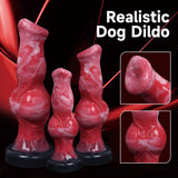 Three different sizes of red-and-white marbled silicone dildos arranged together, highlighting their unique swirling color patterns