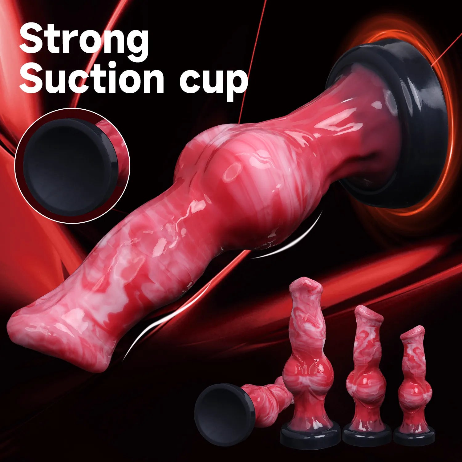 High-quality silicone dog-inspired toys with a marbled finish, displayed in a variety of sizes for diverse user preferences