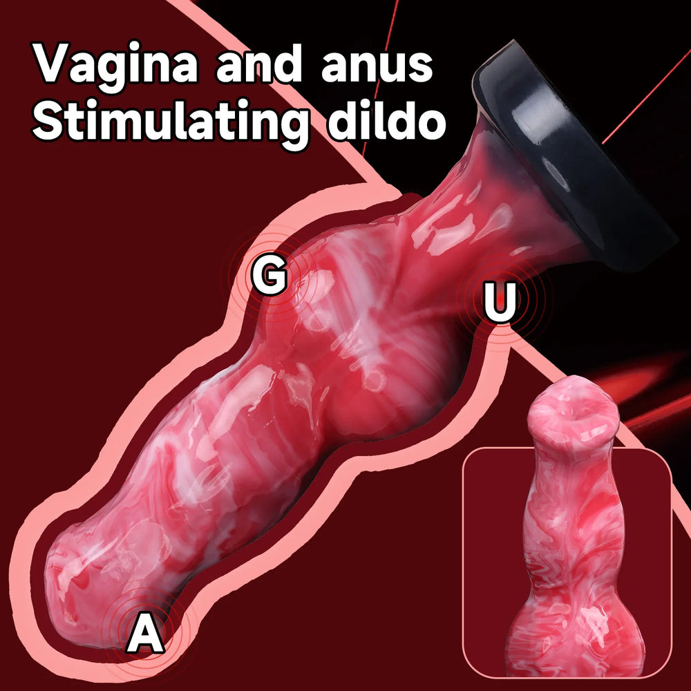 A collection of three marbled silicone knot dildos, each featuring a distinct ergonomic shape and a secure base