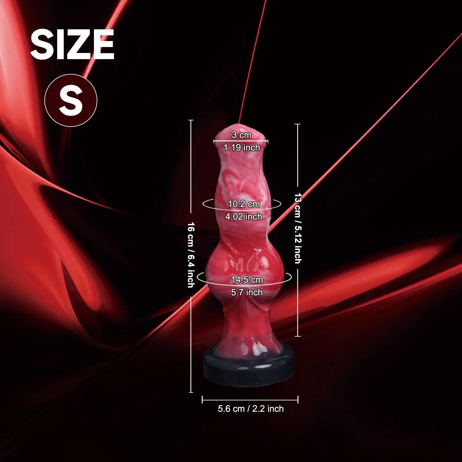 Professional-grade silicone novelty items in three sizes, characterized by a striking marbled pattern and realistic knot silhouettes