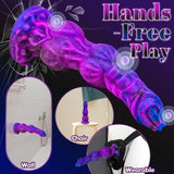 Close-up of a 9-inch Orthrus inspired creature phallus showing a marbled violet, magenta, and blue pattern