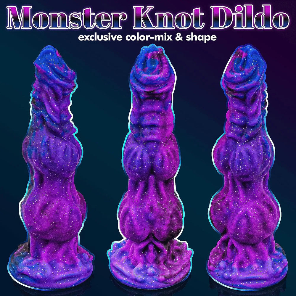 A studio portrait of a glittering multi-colored fantasy dildo with two distinct anatomical bulbous sections