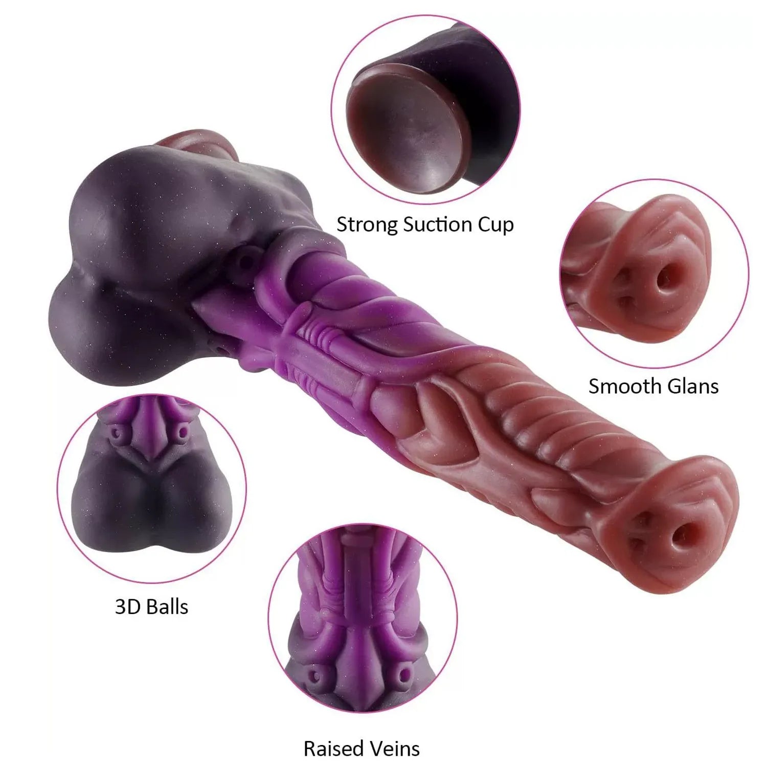 Close-up of a textured 9-inch silicone adult toy with an ergonomic base and realistic organic design details.