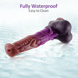 Side view of a 9-inch fantasy-themed silicone toy, highlighting its flared base and detailed, textured surface