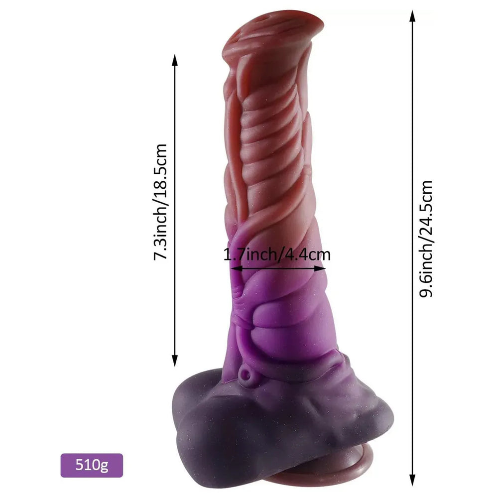 A high-quality 9-inch silicone novelty piece with an intricate, raised texture pattern and a sturdy suction-cup style base