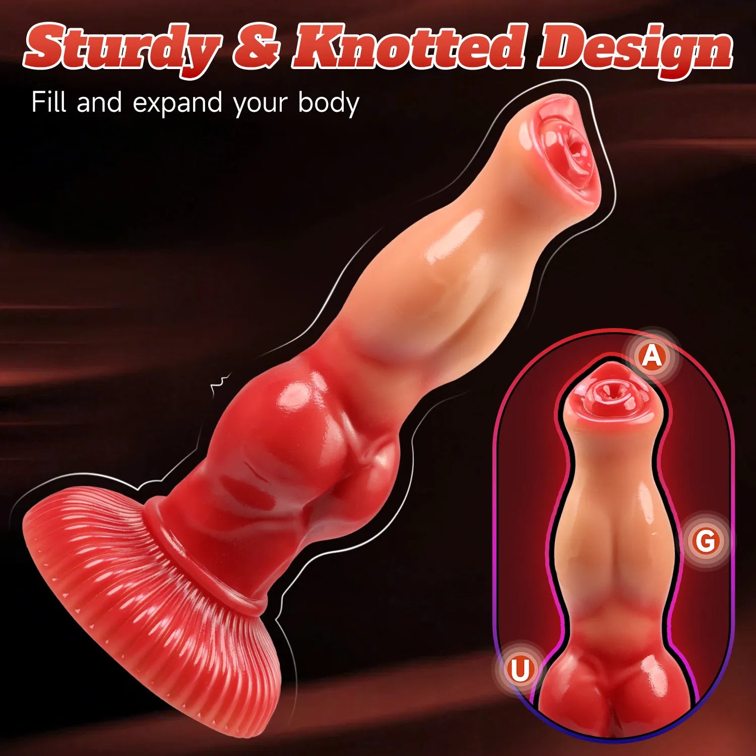 Close-up of a 9-inch silicone pleasure product with a distinct knot texture and a sturdy, wide base