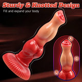 Close-up of a 9-inch silicone pleasure product with a distinct knot texture and a sturdy, wide base