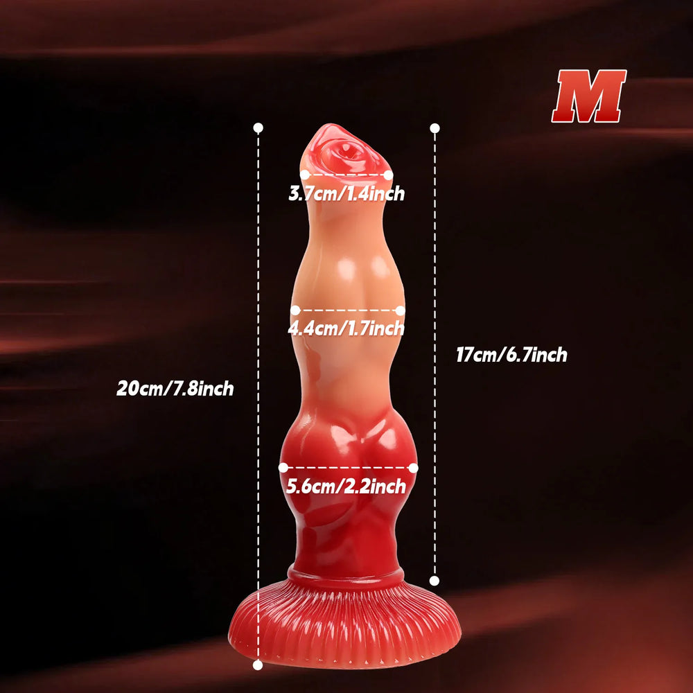 A detailed look at a 9-inch silicone toy with a smooth gradient color and specialized knot details for varied stimulation