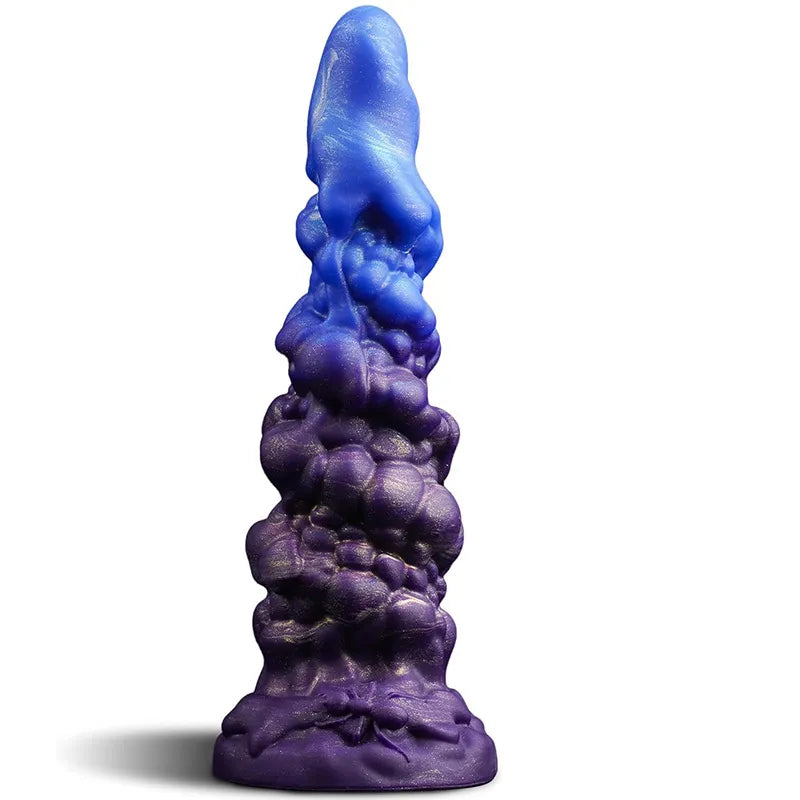A 9-inch slime spiral tip silicone monster dildo featuring a blue to deep purple gradient color pattern