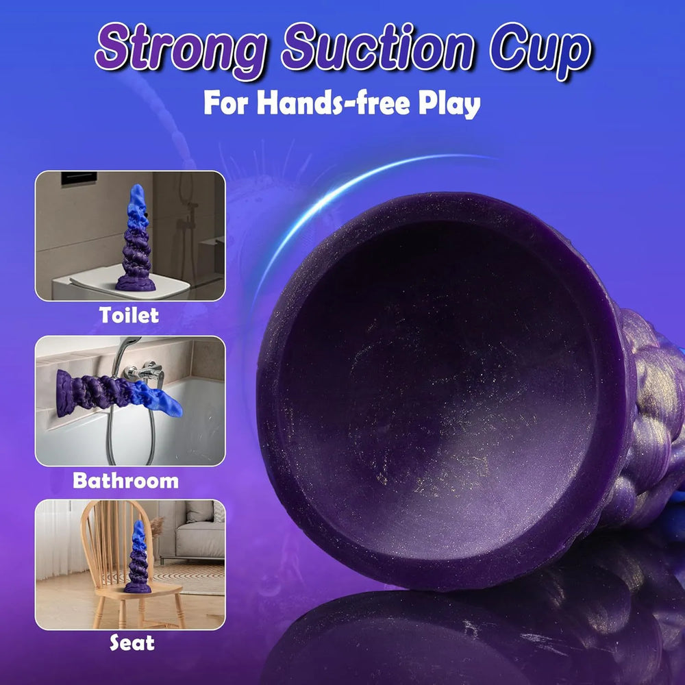 A studio portrait of a bi-color fantasy dildo with a heavily textured organic stem and a solid suction cup base