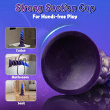 A studio portrait of a bi-color fantasy dildo with a heavily textured organic stem and a solid suction cup base