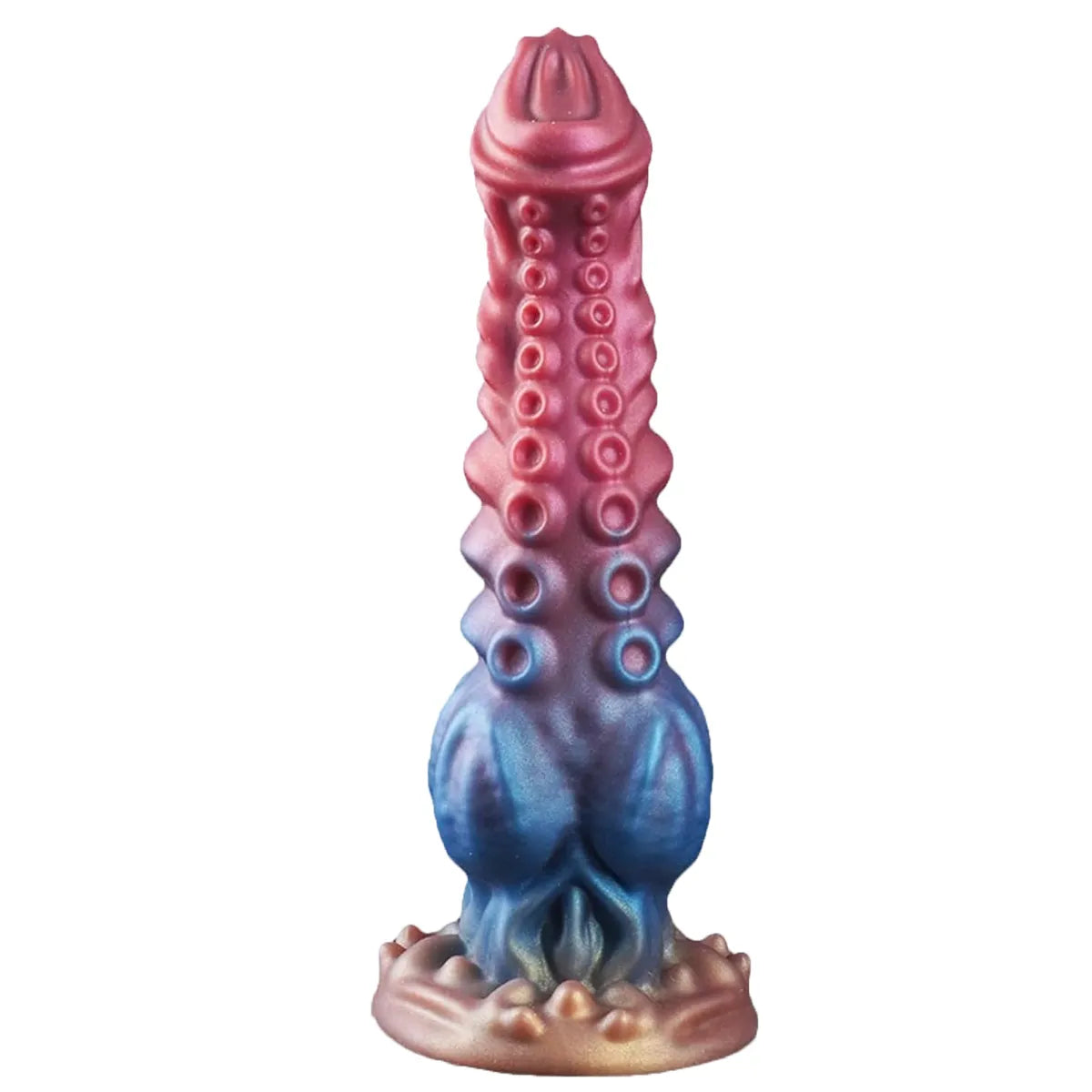 9 inch soft silicone tentacle dildo with red and blue gradient and raised suction cup details