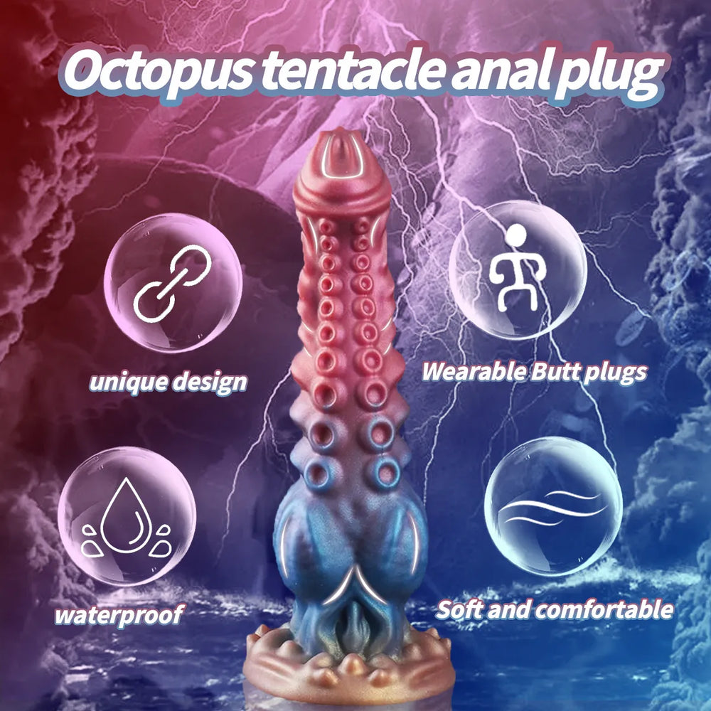 Soft silicone tentacle dildo in pink and blue with textured suction cup detailing