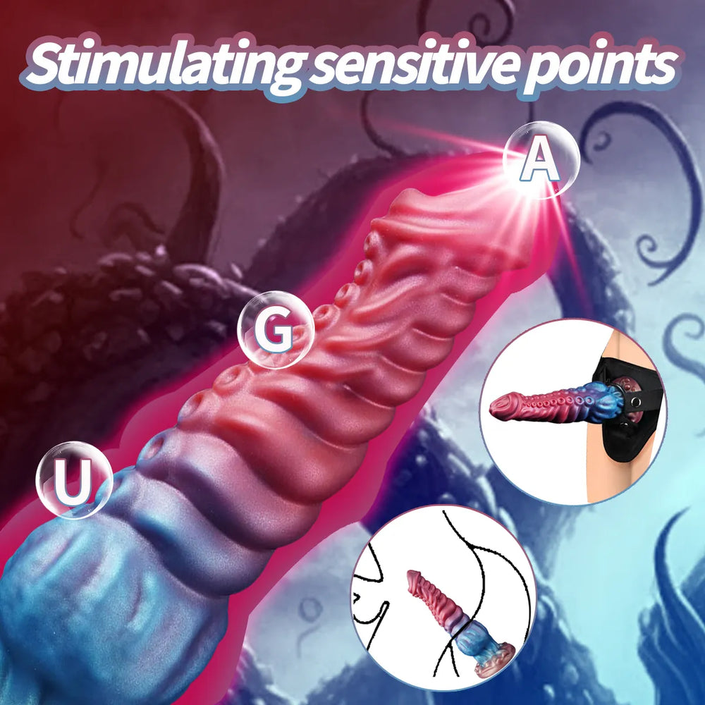 9 inch fantasy tentacle dildo with a pink top and blue sculpted base