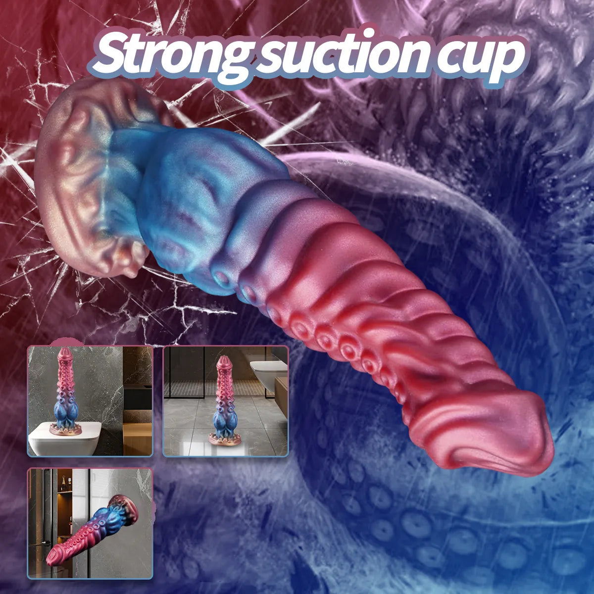 Pink and blue silicone tentacle dildo with raised texture and fantasy-style base
