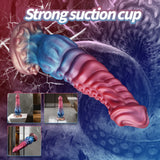 Pink and blue silicone tentacle dildo with raised texture and fantasy-style base