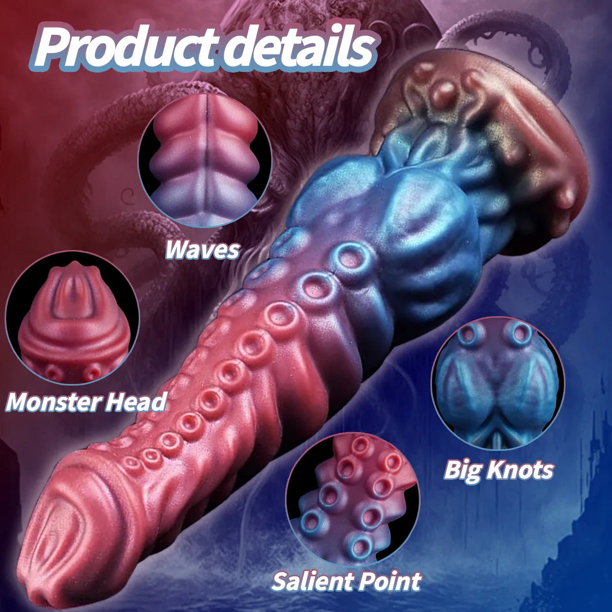 Soft tentacle dildo with a gradient finish and detailed suction cup texture