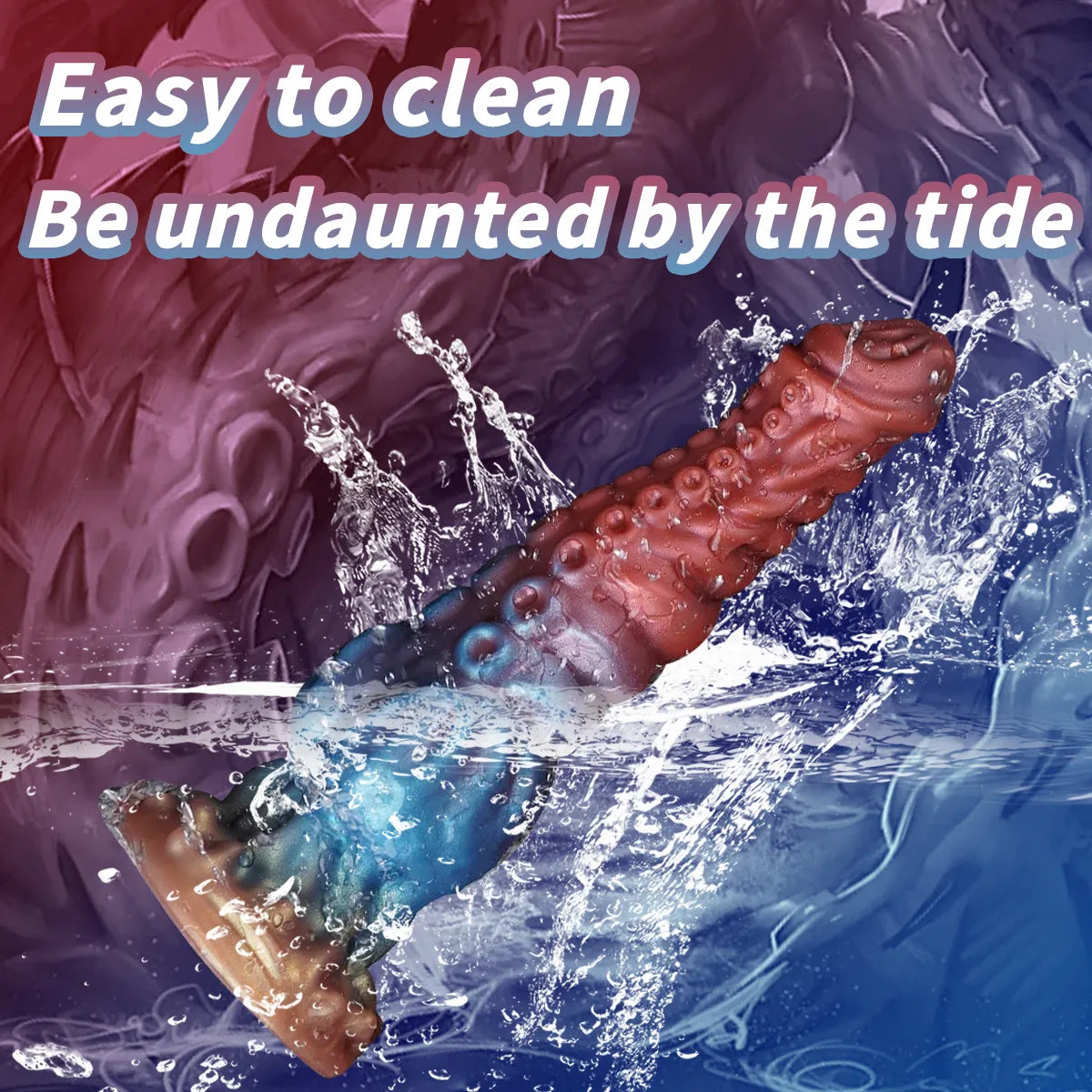 9 inch silicone tentacle dildo with pink upper detailing and blue lower body