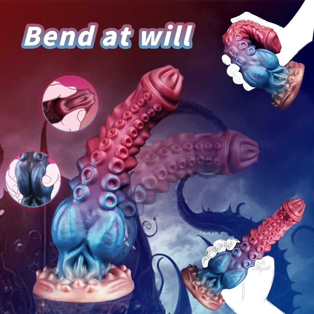 Fantasy silicone dildo with tentacle-inspired texture and a pink to blue color blend