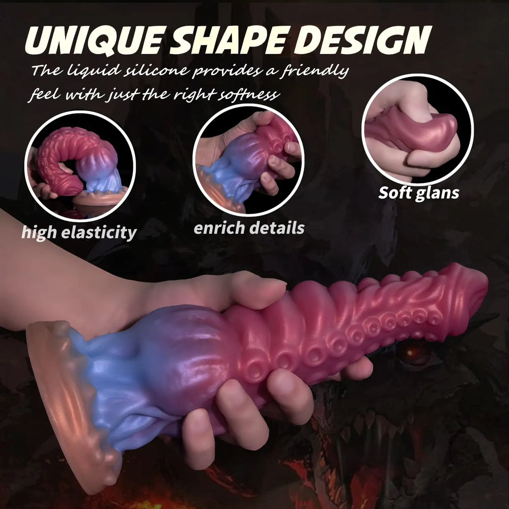 9-inch tentacle dildo displaying a bulbous knot and deep suction cup textures along the shaft