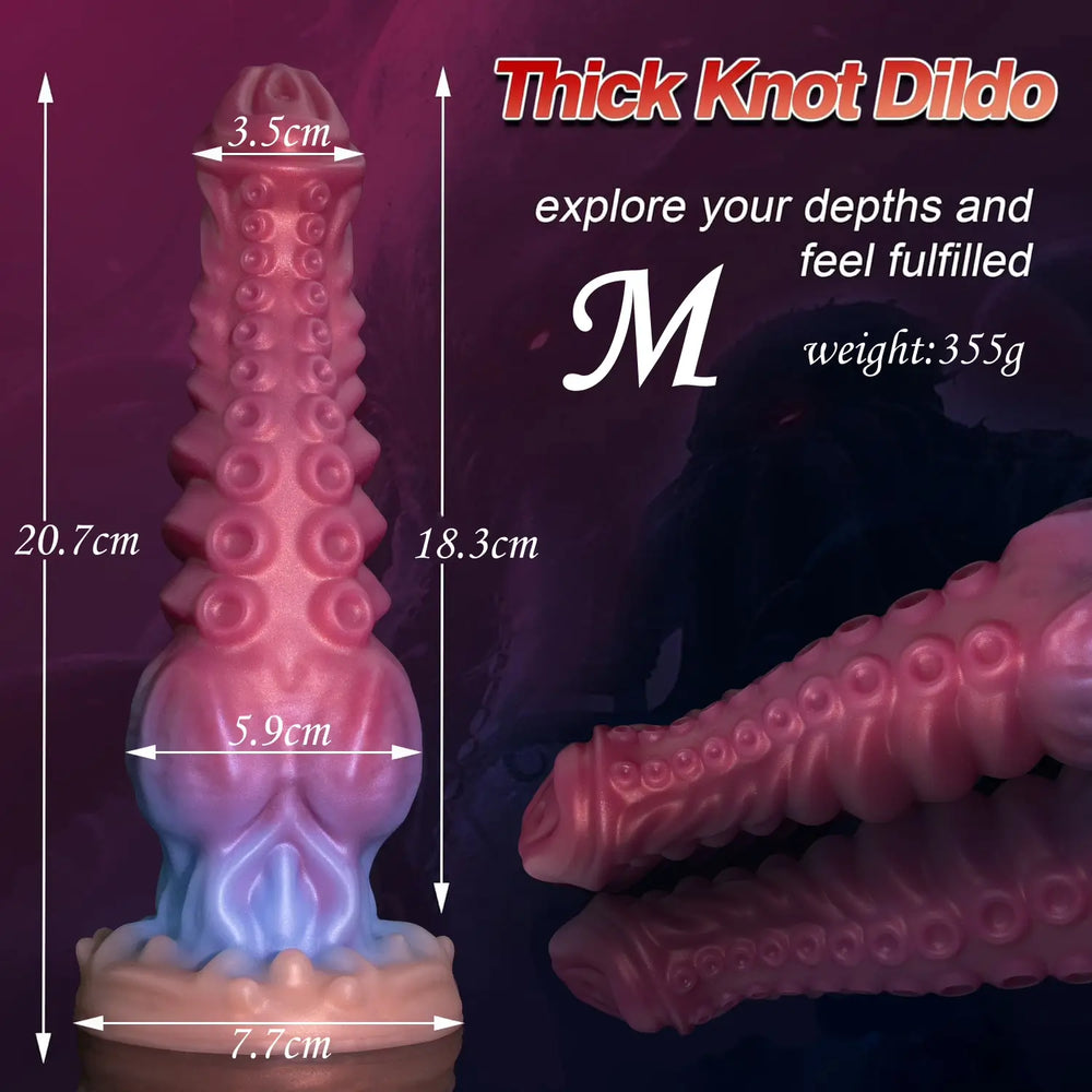 Nine-inch hybrid fantasy dildo combining canine knot features with textured cephalopod tentacle