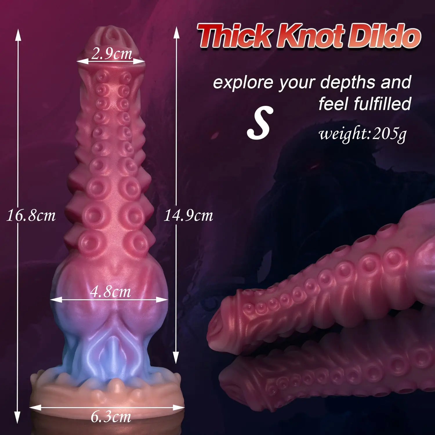 Gradient fantasy dildo with a distinct phallic tip, tentacle shaft, and a textured, flared suction base