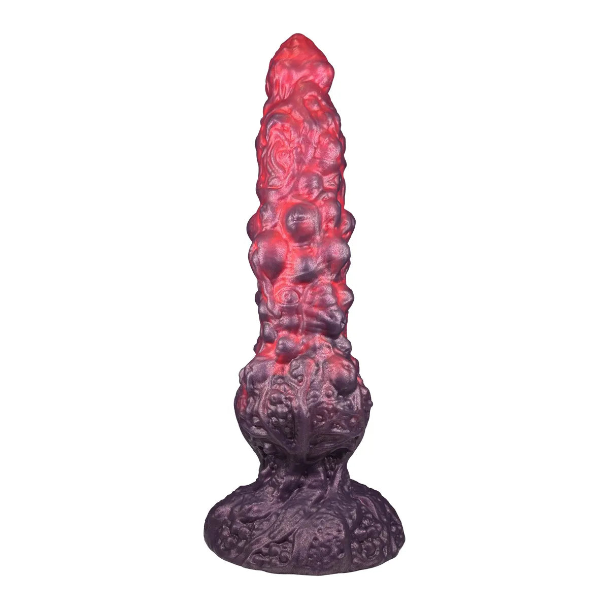 A 9-inch zombie virus silicone monster dildo with a creepy red and black marbled color pattern
