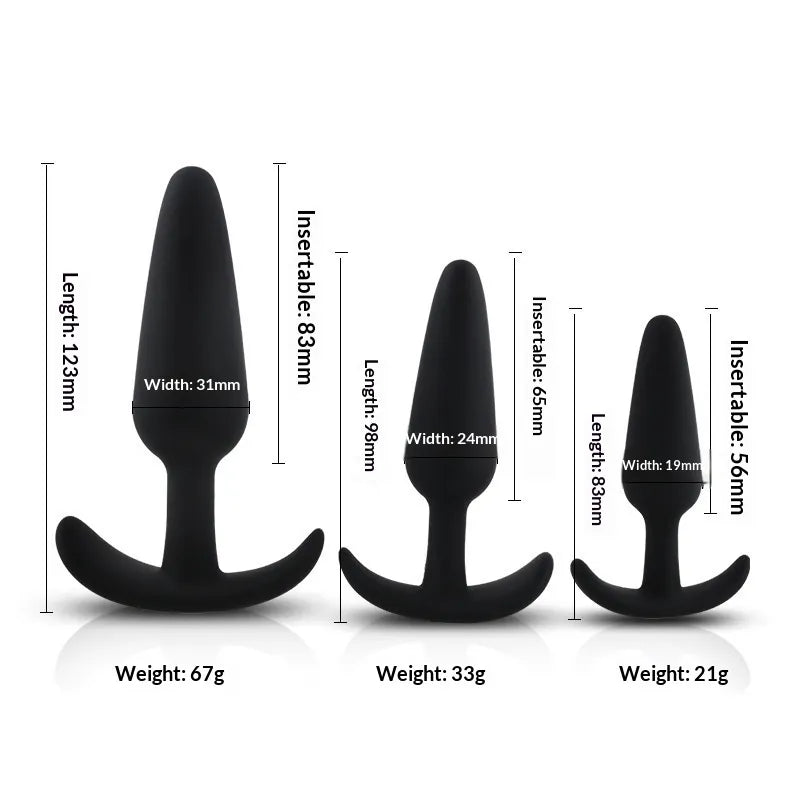 Collection of 5-inch black silicone insertables with stable, ergonomic bases