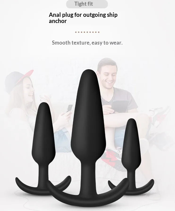 Smooth black silicone body massagers in a three-piece set for progressive use