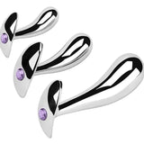 Set of three 5-inch curved metal butt plugs with purple jeweled accents