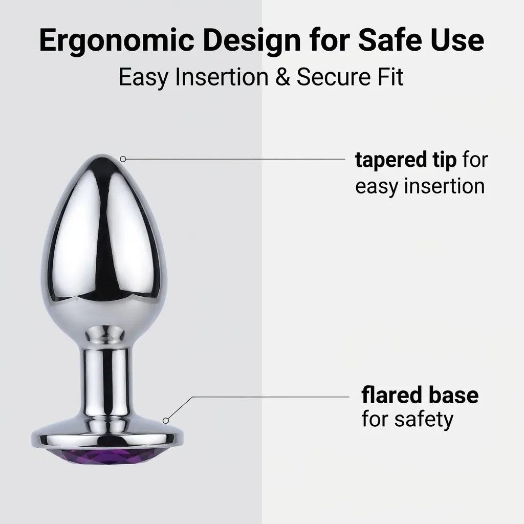 3-inch smooth stainless steel adult toys with glittering pink, sapphire blue, and amethyst purple gem bases